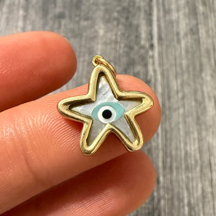 Inlaid Mother of Pearl Evil Eye Star Charm in 14K Gold
