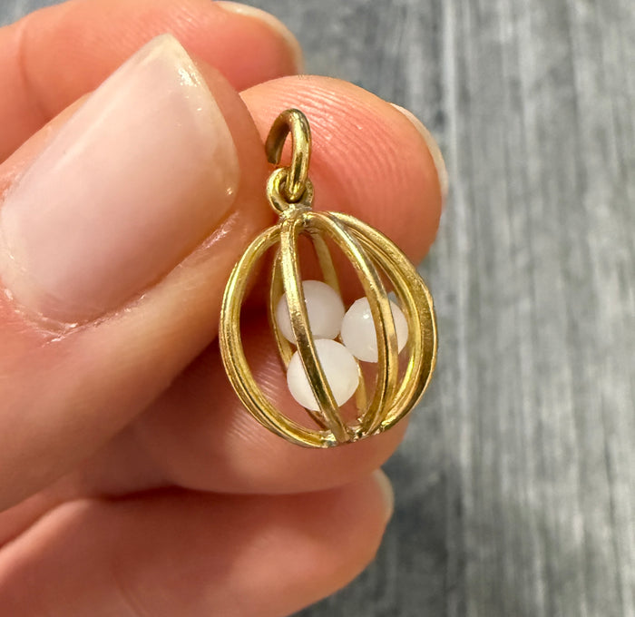 Vintage 14K Gold Caged Ball Charm with Shaker Beads