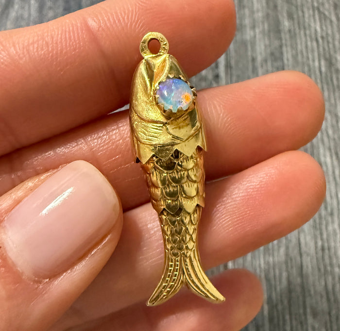 Vintage Opal and 18K Gold Articulated Fish Charm
