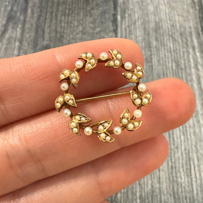 Antique Pearl and 14K Gold Wreath Pin