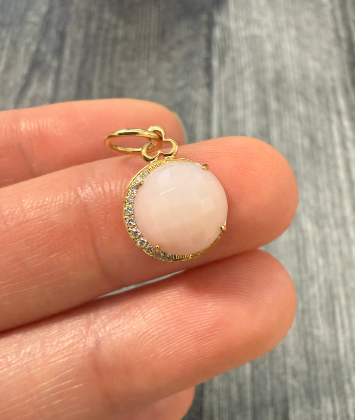 Faceted Pink Opal and Diamond 18K Gold Crescent Moon Charm