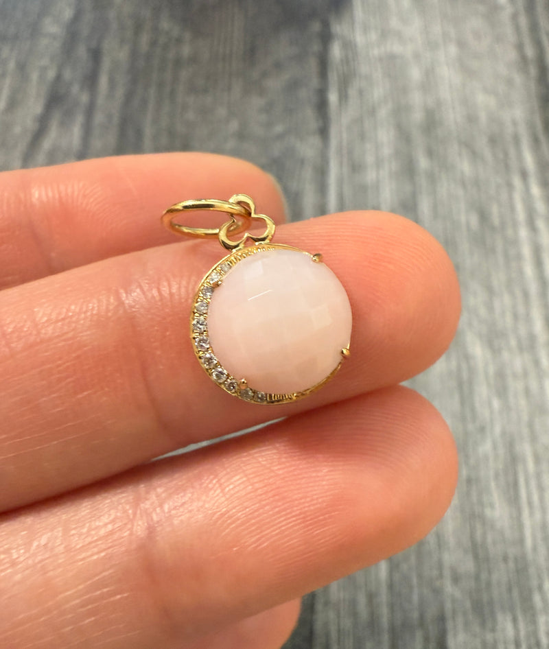 Faceted Pink Opal and Diamond 18K Gold Crescent Moon Charm