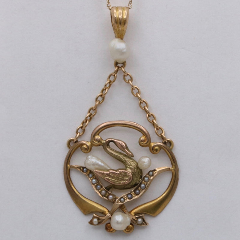 Art Nouveau 14K Yellow Gold Pearl Swan Pendant