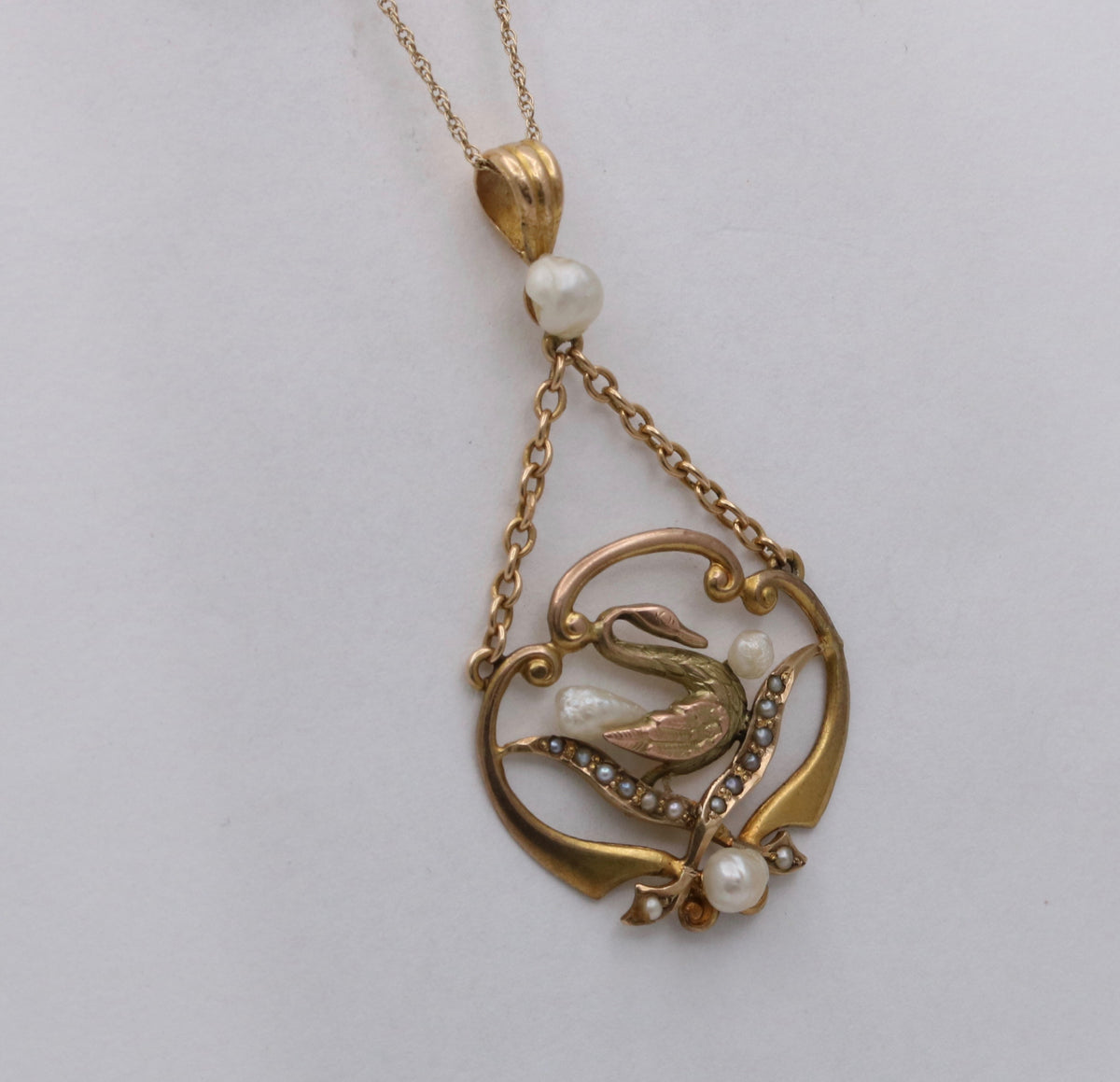 Art Nouveau 14K Yellow Gold Pearl Swan Pendant