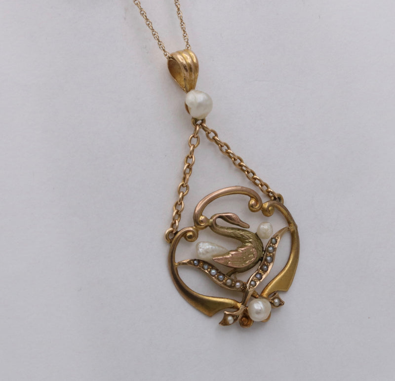 Art Nouveau 14K Yellow Gold Pearl Swan Pendant