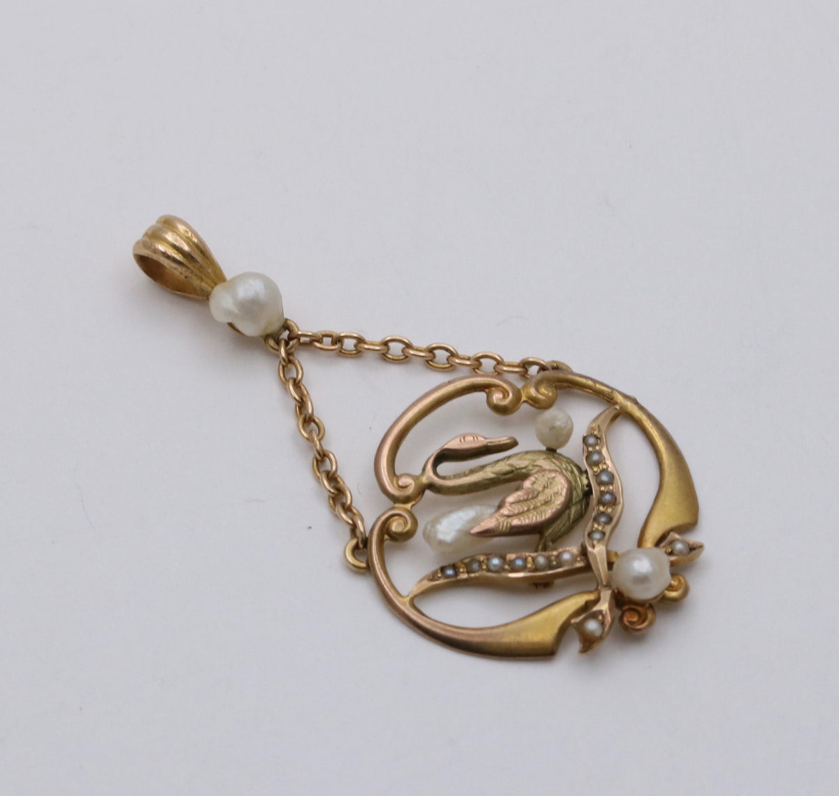 Art Nouveau 14K Yellow Gold Pearl Swan Pendant