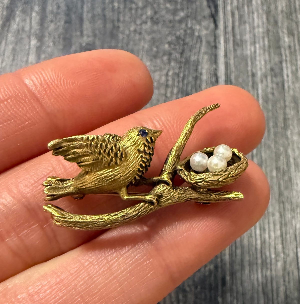 Vintage 14K Gold Bird and Pearl Nest Pin (S)