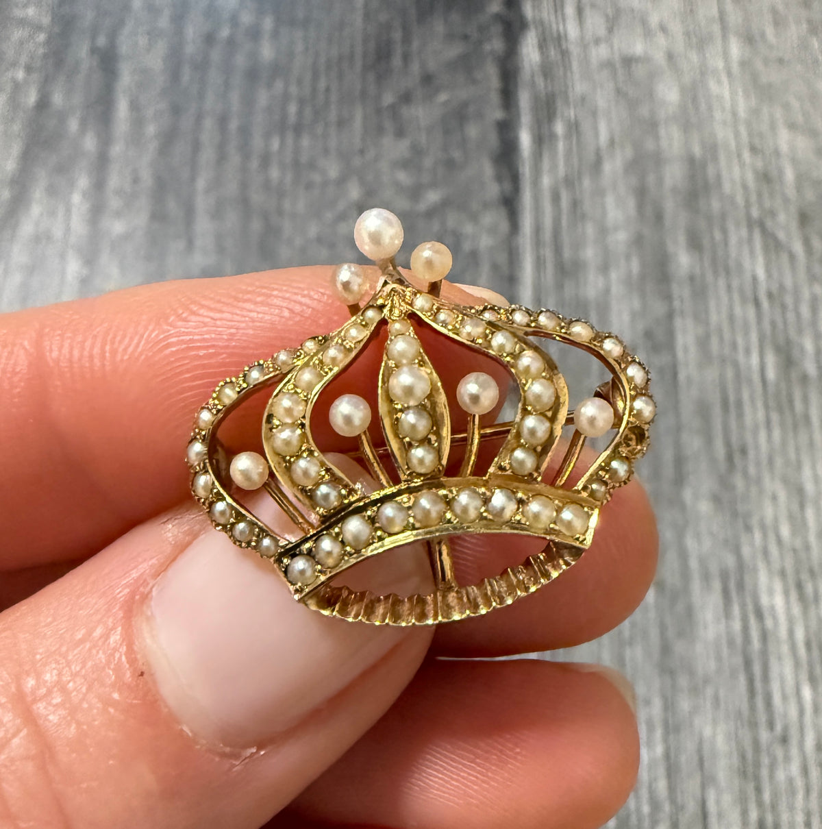 Antique Seed Pearl and 14K Gold Crown Pin Fob