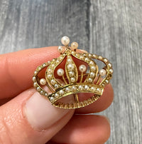 Antique Seed Pearl and 14K Gold Crown Pin Fob