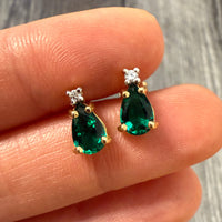 Synthetic Emerald and Diamond 14K gold Pear Shaped Stud Earrings