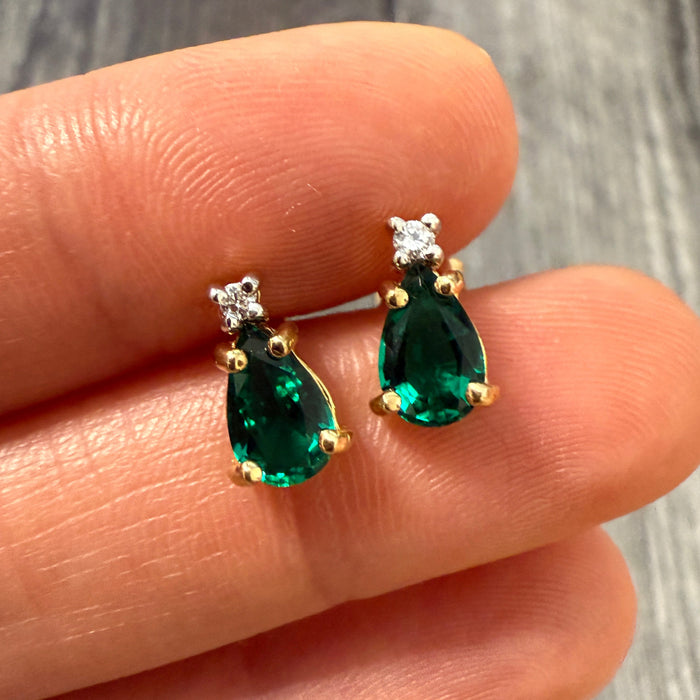 Synthetic Emerald and Diamond 14K gold Pear Shaped Stud Earrings