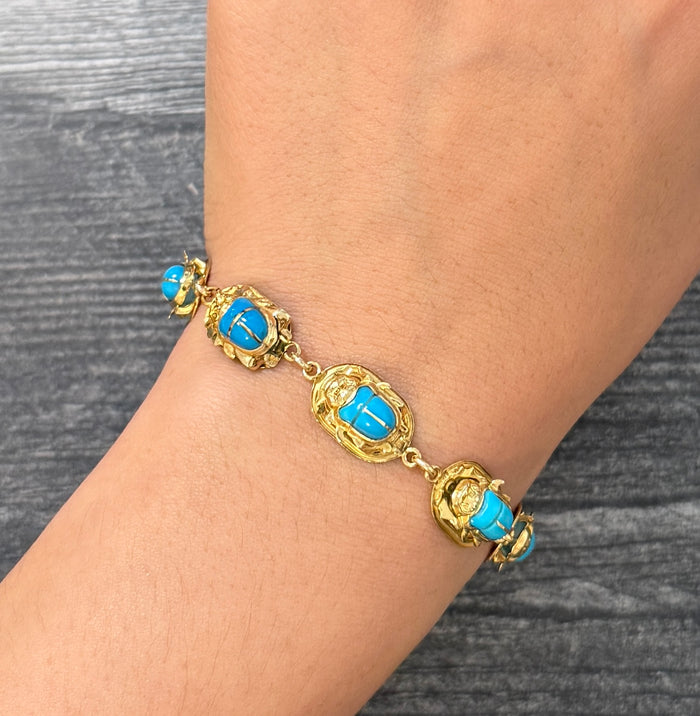 Carved Turquoise and 18K Gold Egyptian Scarab Bracelet, 7.25" Long