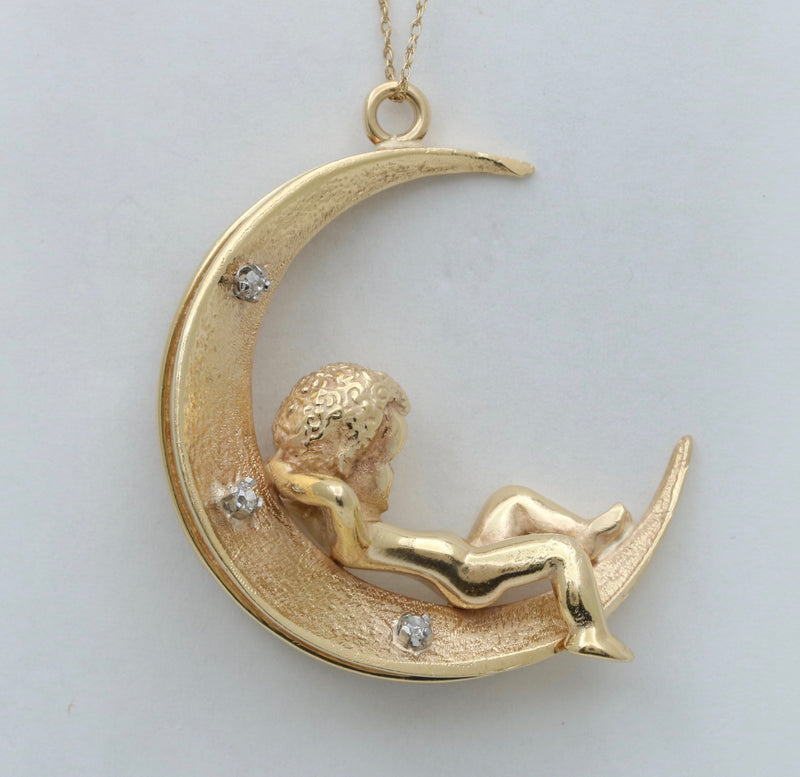 Large 18K Gold and Diamond Crescent Moon Child Pendant