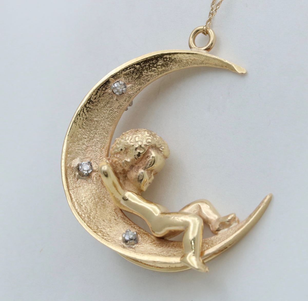 Large 18K Gold and Diamond Crescent Moon Child Pendant