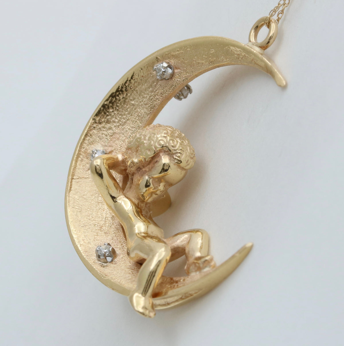Large 18K Gold and Diamond Crescent Moon Child Pendant