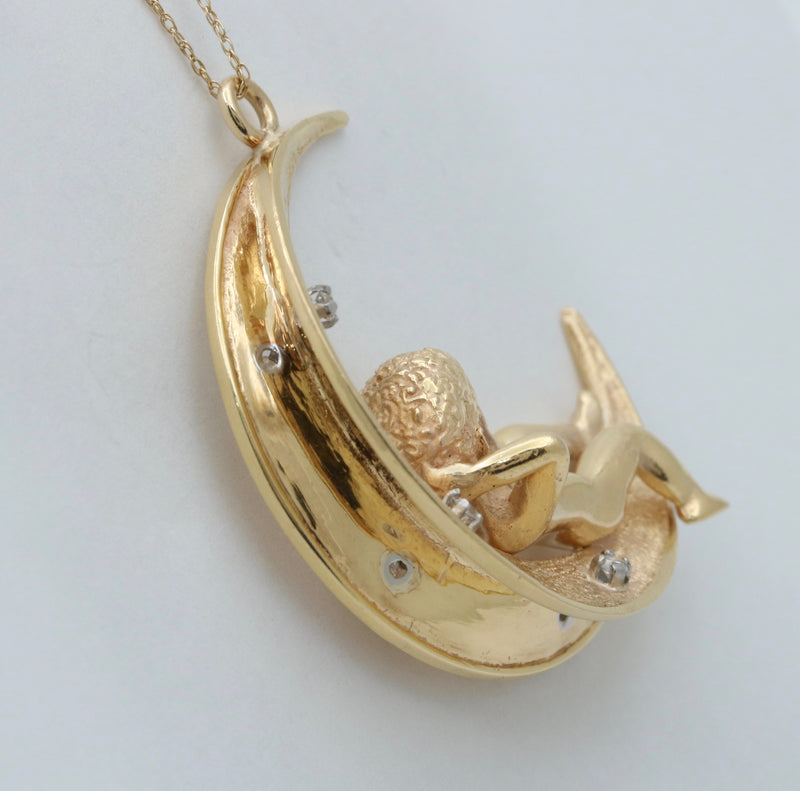 Large 18K Gold and Diamond Crescent Moon Child Pendant