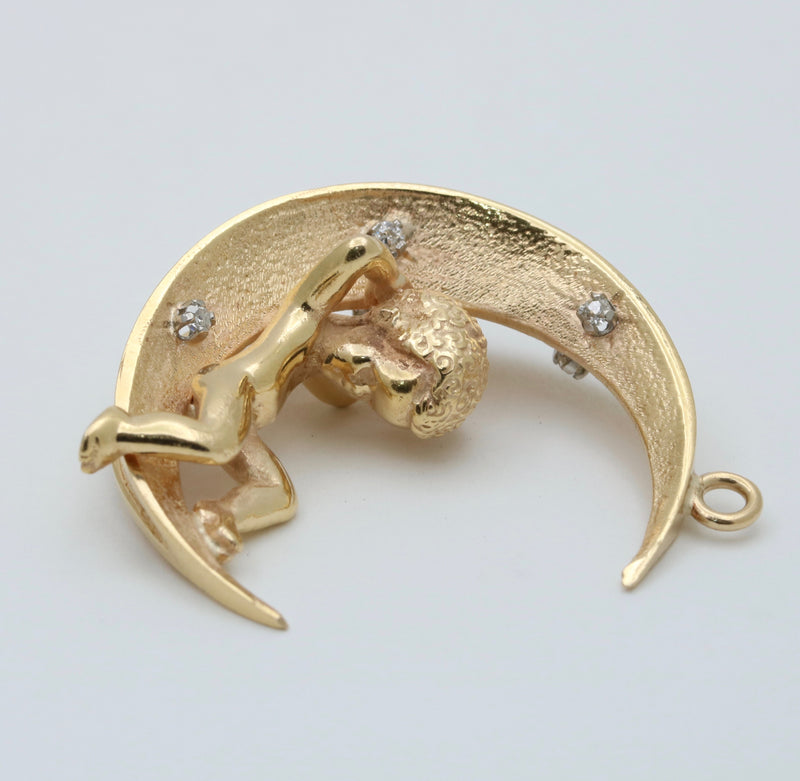 Large 18K Gold and Diamond Crescent Moon Child Pendant