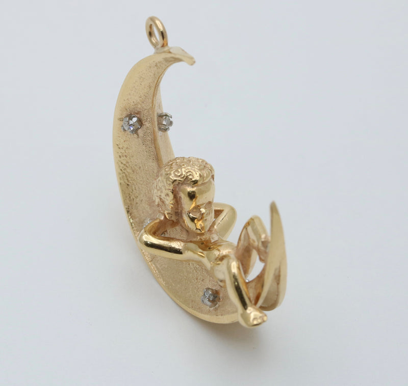 Large 18K Gold and Diamond Crescent Moon Child Pendant