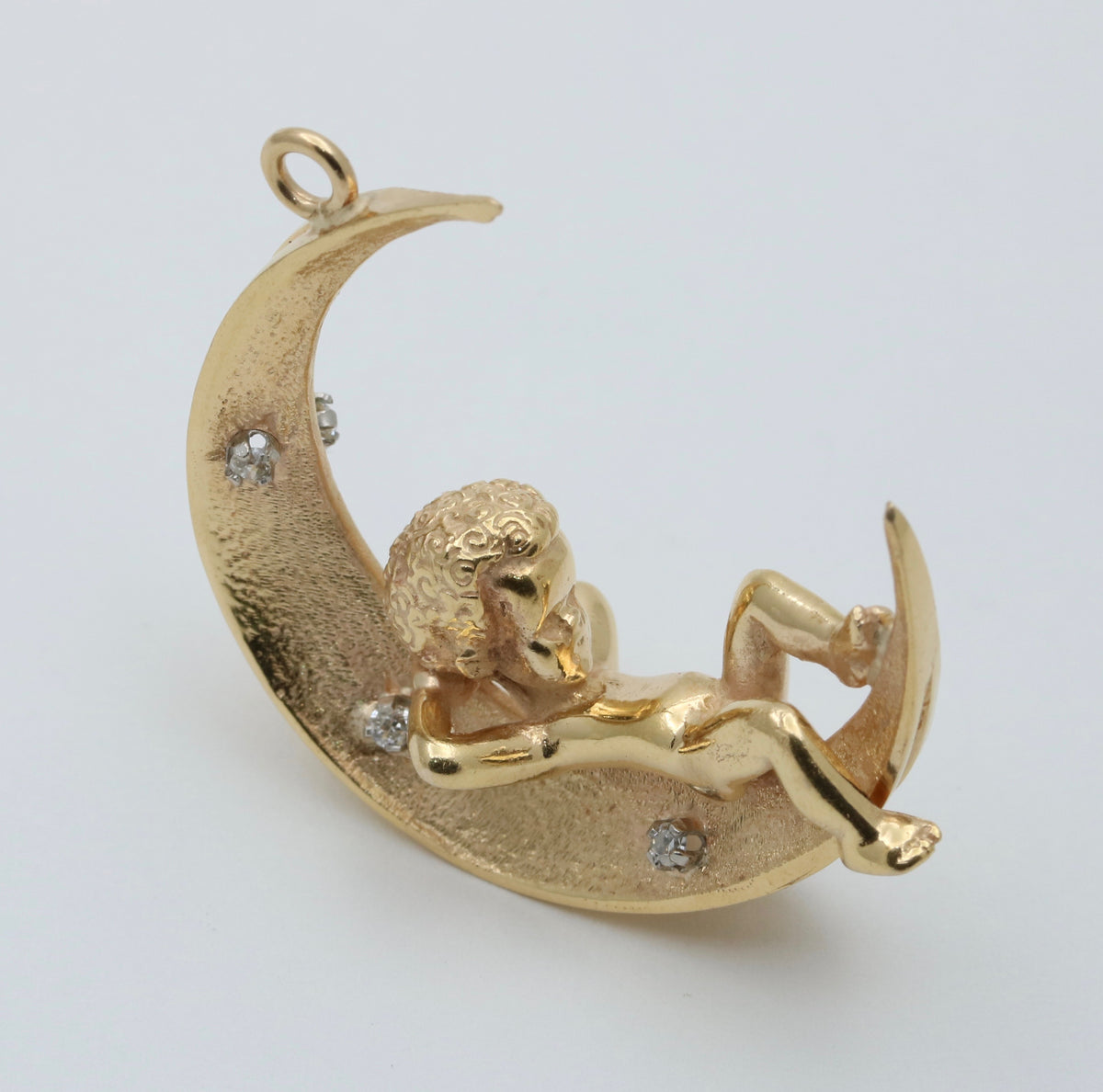 Large 18K Gold and Diamond Crescent Moon Child Pendant