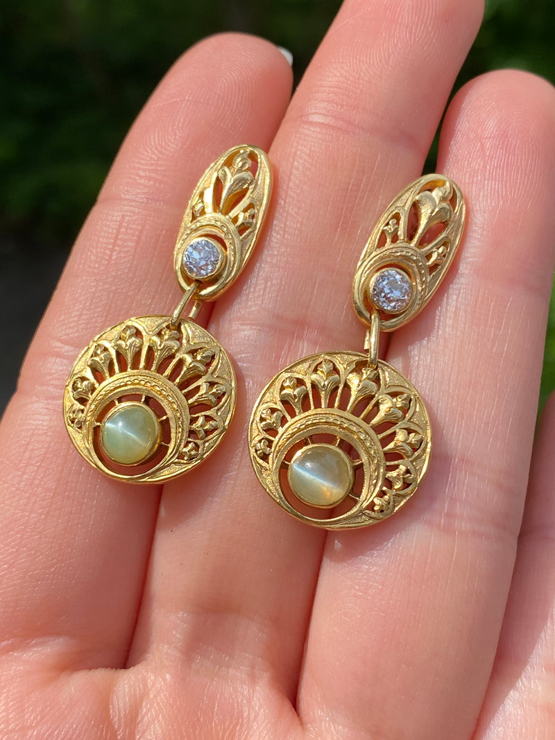 Art Nouveau Cat’s Eye, Diamond, and 18K Gold Dangling Earrings