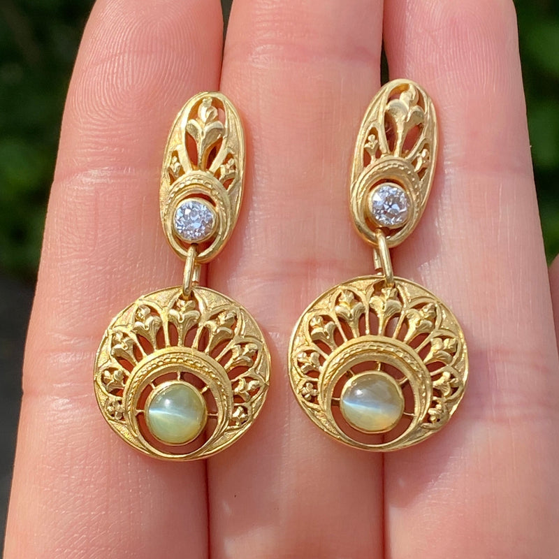 Art Nouveau Cat’s Eye, Diamond, and 18K Gold Dangling Earrings