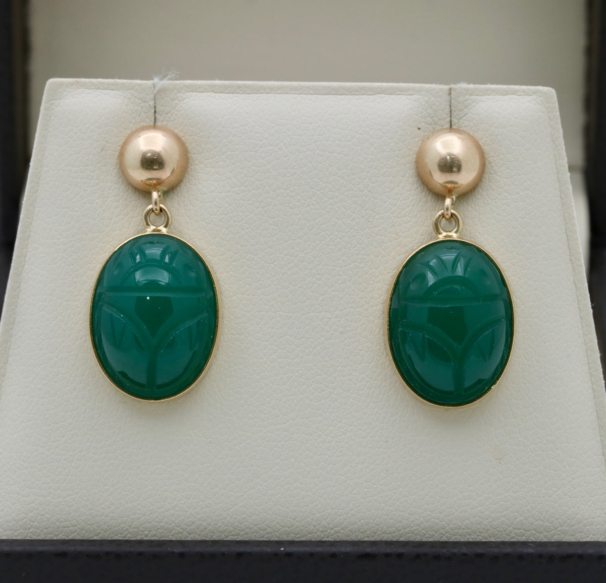 Vintage Carved Chrysoprase Scarab Dangling Earrings