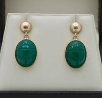 Vintage Carved Chrysoprase Scarab Dangling Earrings