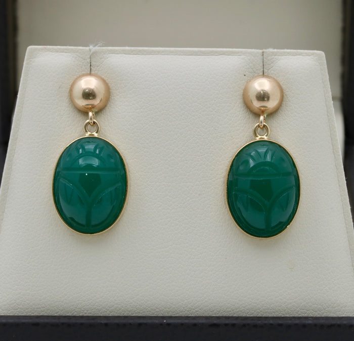 Vintage Carved Chrysoprase Scarab Dangling Earrings