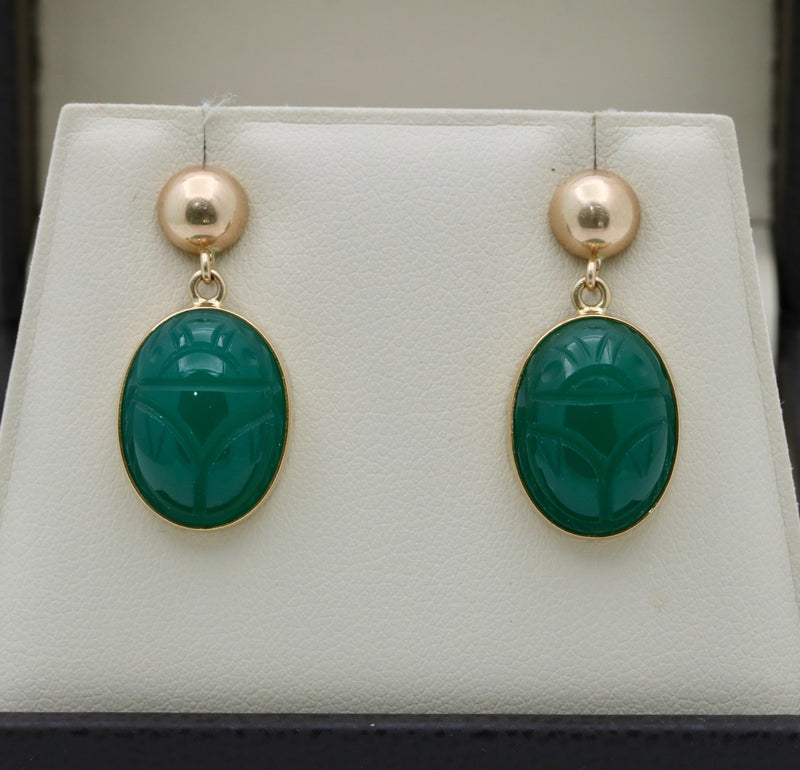 Vintage Carved Chrysoprase Scarab Dangling Earrings