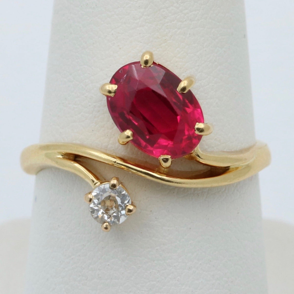 Vintage 18K Gold, Diamond, and Man-Made Ruby Wrap Ring