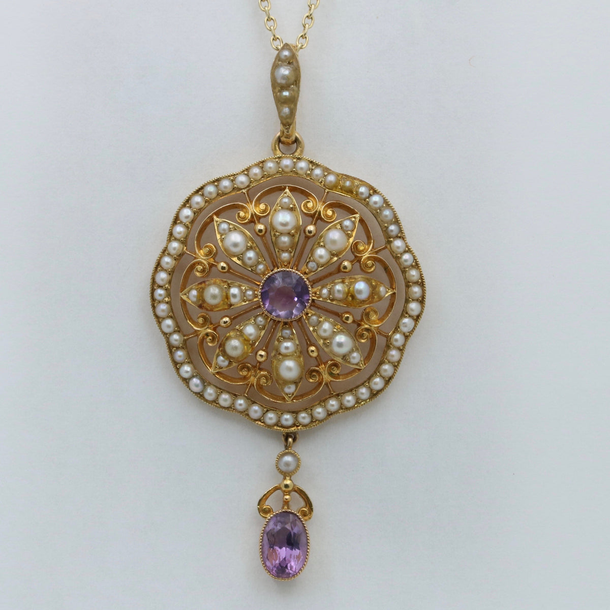 Edwardian Amethyst and Pearl 15K Gold Lavalier Pendant