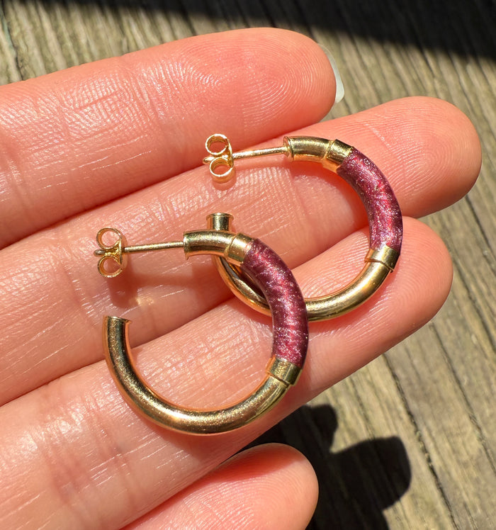 Purple Enamel and 18K Gold Hoop Earrings