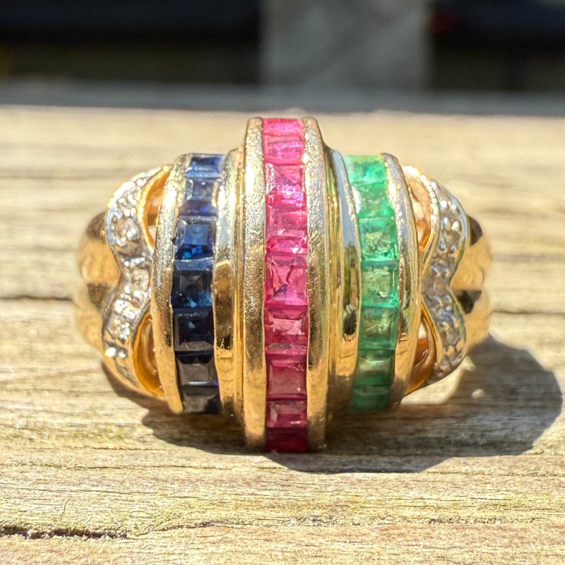 Vintage Ruby, Sapphire, Emerald, and Diamond Dome Ring