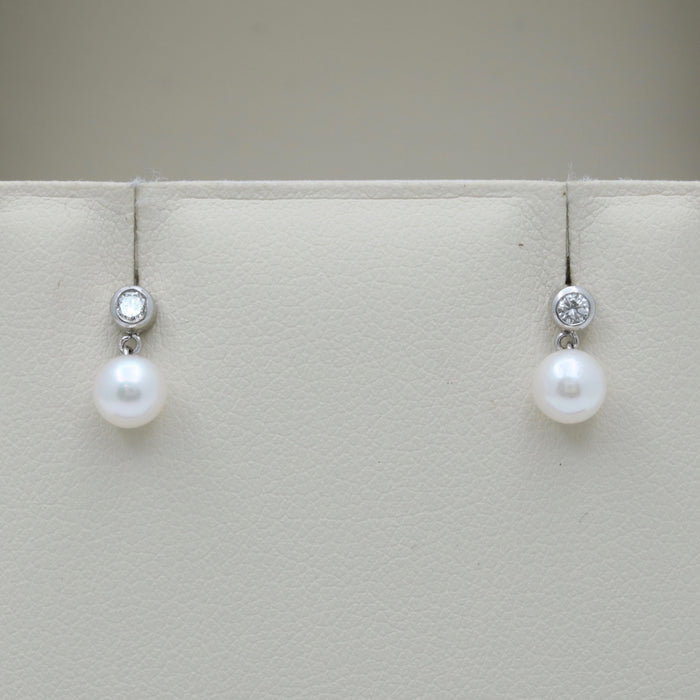 Small Pearl and Diamond Dangle Earrings, 18K Gold