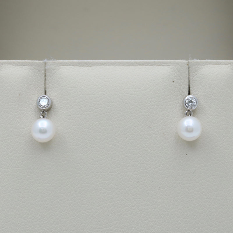 Small Pearl and Diamond Dangle Earrings, 18K Gold