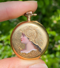 Art Nouveau Enamel Woman Warrior 18K Gold Pocket Watch
