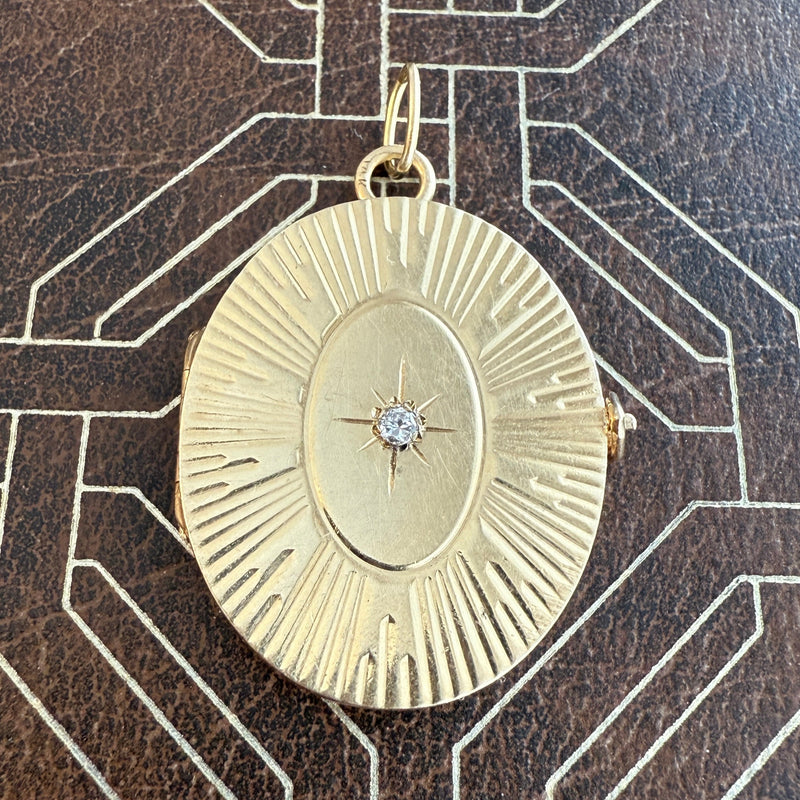 Vintage Engine Turned 14K Gold and Diamond Locket Pendant