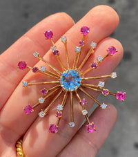 Retro Aquamarine, Diamond, and Ruby Starburst Brooch
