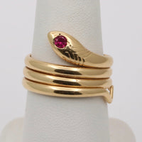 Vintage 18K Gold and Ruby Coiled Snake Ring, Size 9.25