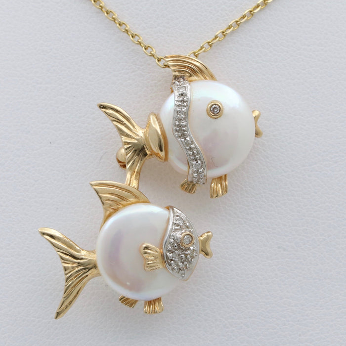 Vintage Pearl and Diamond Double Fish Pendant, Pin