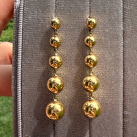 Vintage 18K Gold Ball Long Dangle Earrings, 1.75” Long