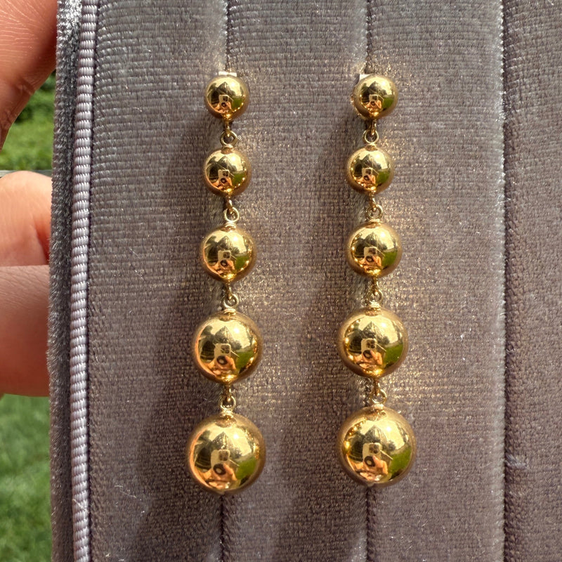 Vintage 18K Gold Ball Long Dangle Earrings, 1.75” Long