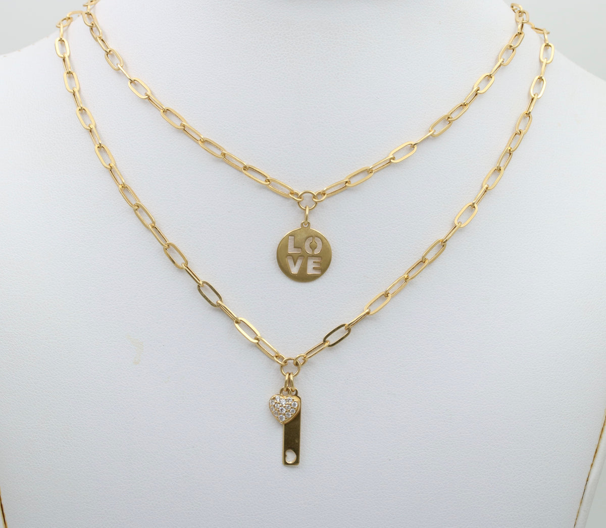 18K Gold Layered Paperclip Necklace with Love Charms