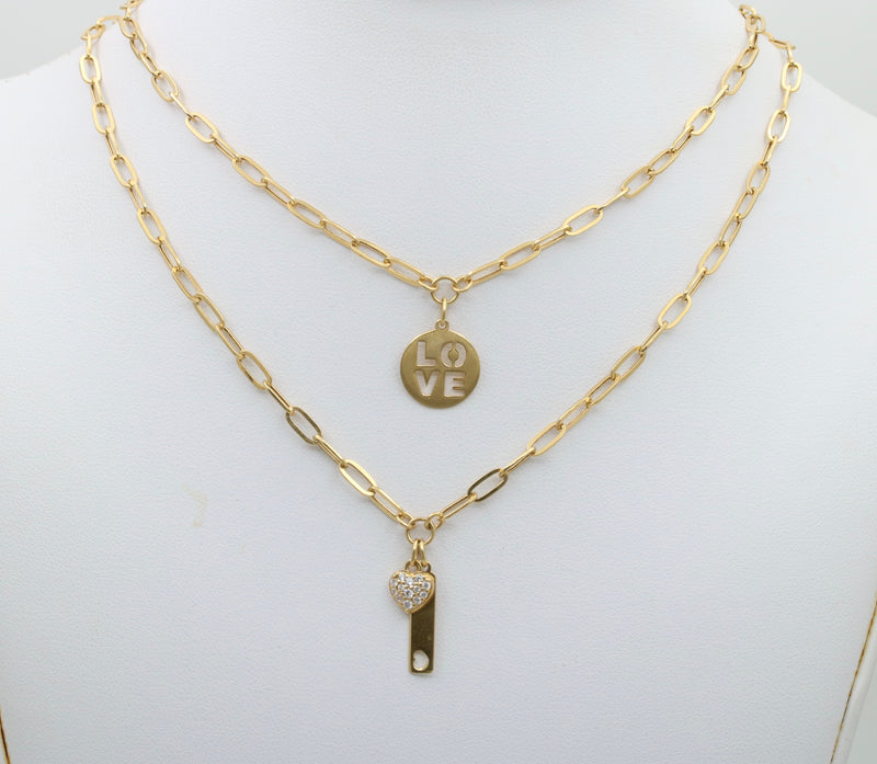 18K Gold Layered Paperclip Necklace with Love Charms