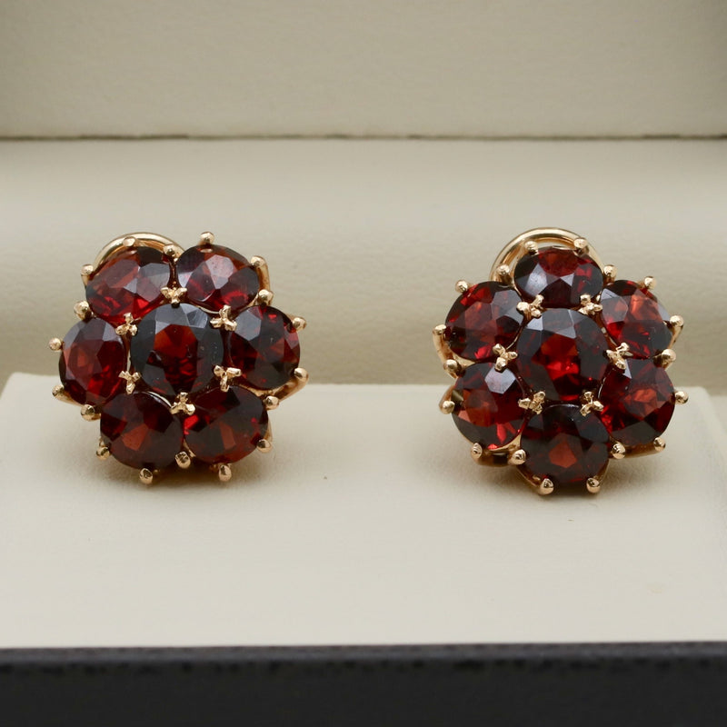 Vintage 11 Carat Garnet Cluster 18K Gold Dome Earrings