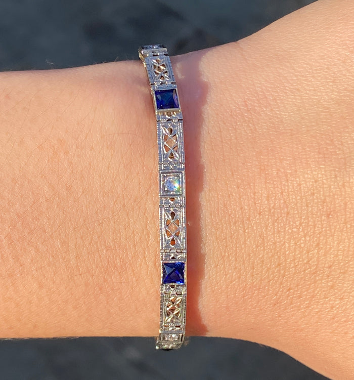 Art Deco Diamond and Man-Made Sapphire Filigree Bracelet