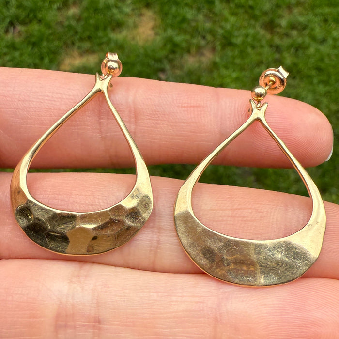 Large Vintage 14K Gold Pear Shaped Hammered Dangle Earrings