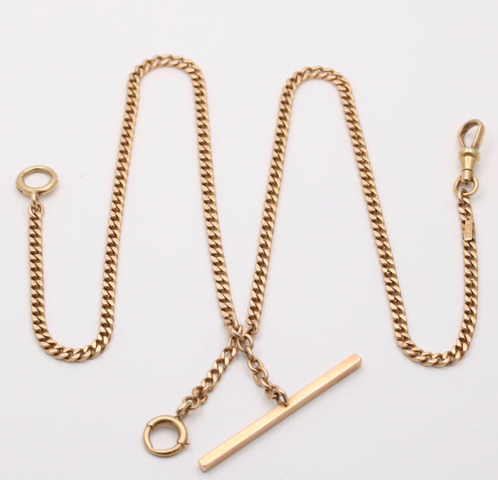Art Deco 14K Gold Curb Link Albert Watch Chain, 21” Long