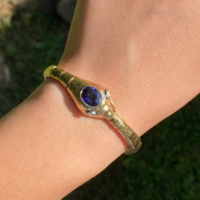 Vintage 16K Gold, Sapphire and Diamond Articulated Snake Bracelet