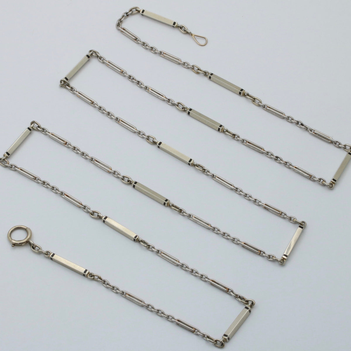 Art Deco Platinum Enamel Bar Link Chain, 27.5” Long
